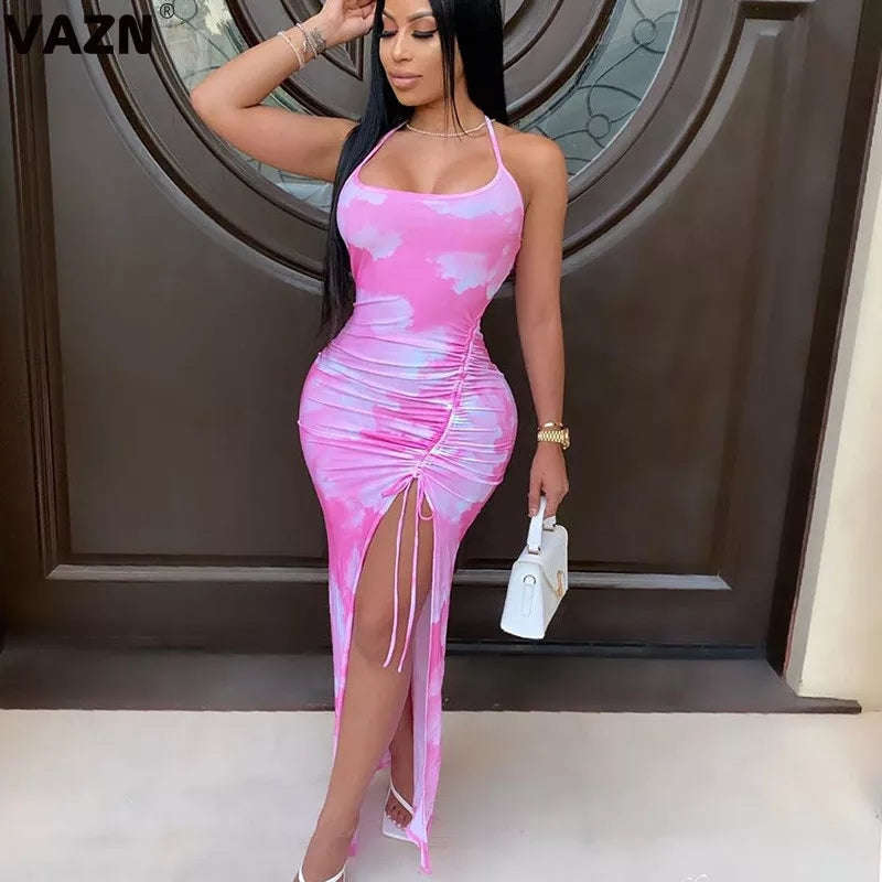 Sexy Halter Off Shoulder Backless Dress - PINK / M