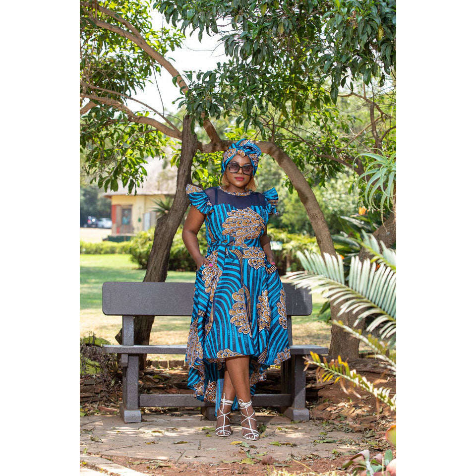 Ankara Short Ruffle Sleeve Print African Dress - BLUE / 34