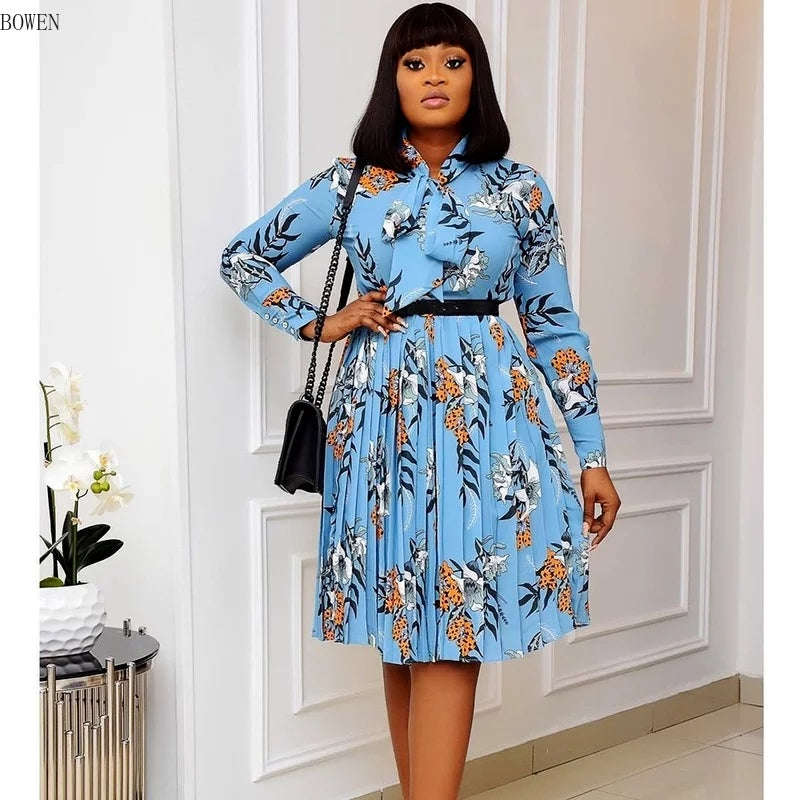 Floral Print Pleated Dress - BLUE / S