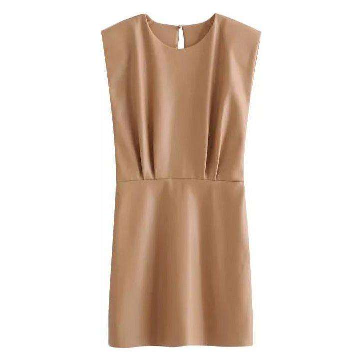 Faux Leather Pleated Mini Dress - BROWN / XL