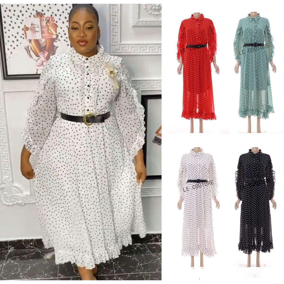Long Sleeve High Waist Dotted Print Dress - RED / S