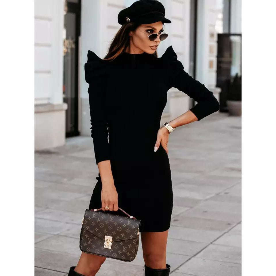Winter Puff Sleeve Vintage Knitted Dress - PINK / L