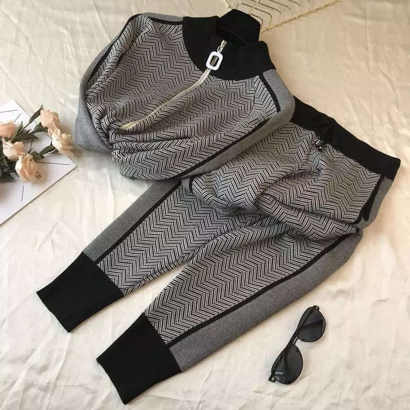 Two piece Knitted Tracksuit Set - BLACK / L/XL