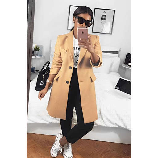 Buttoned Elegant Coat - KHAKI / XXL