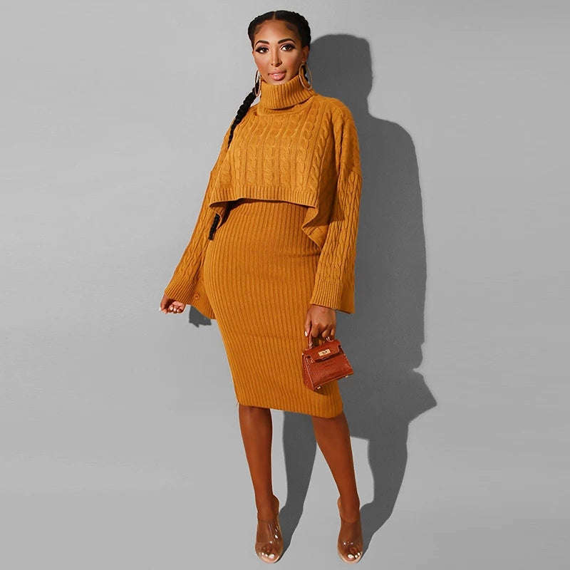 Sweater Turtleneck Dress Two-piece Set - GREEN / 32-38(free size)