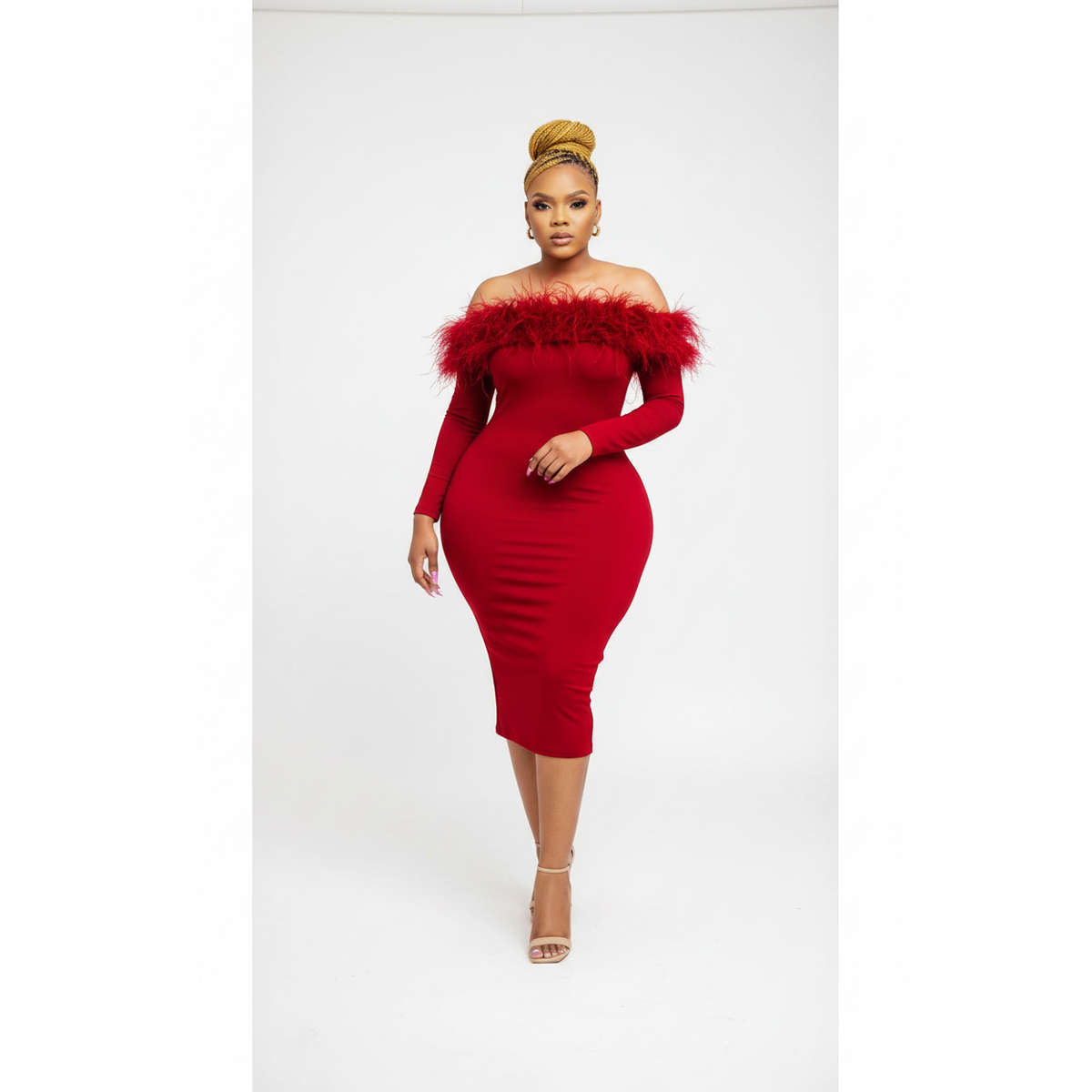 Bodycon Off Shoulder Feather Dress