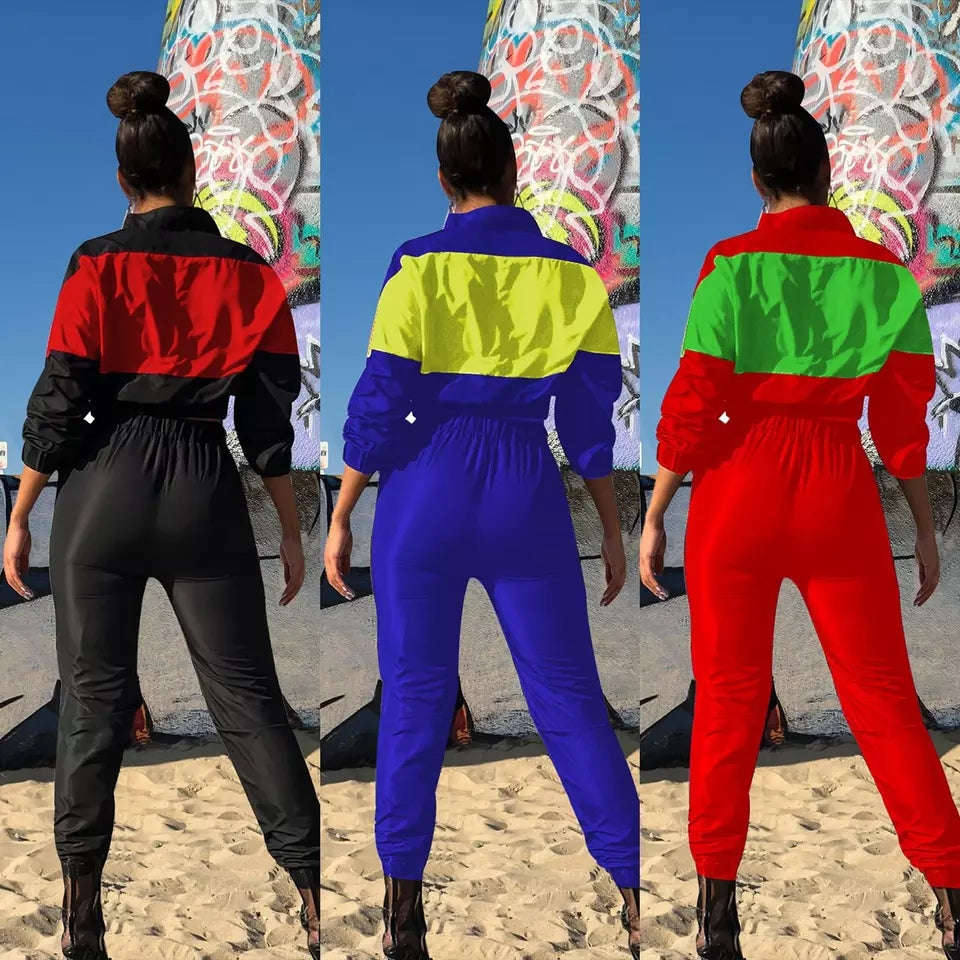 V-neck Color Zipper Tracksuit - BLACK / M