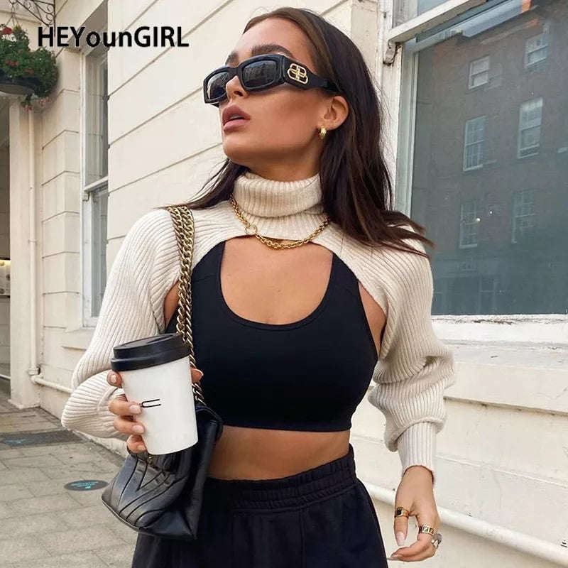 Turtleneck Crop Top Sweater - BLACK / 32-38