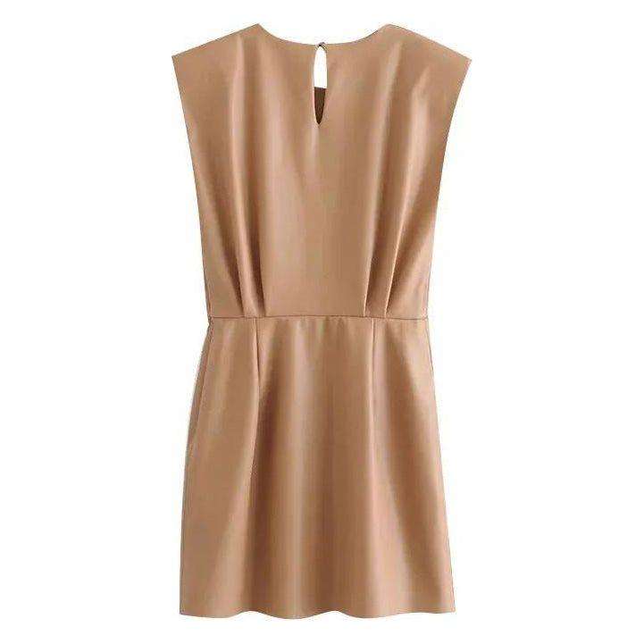 Faux Leather Pleated Mini Dress - BROWN / XL