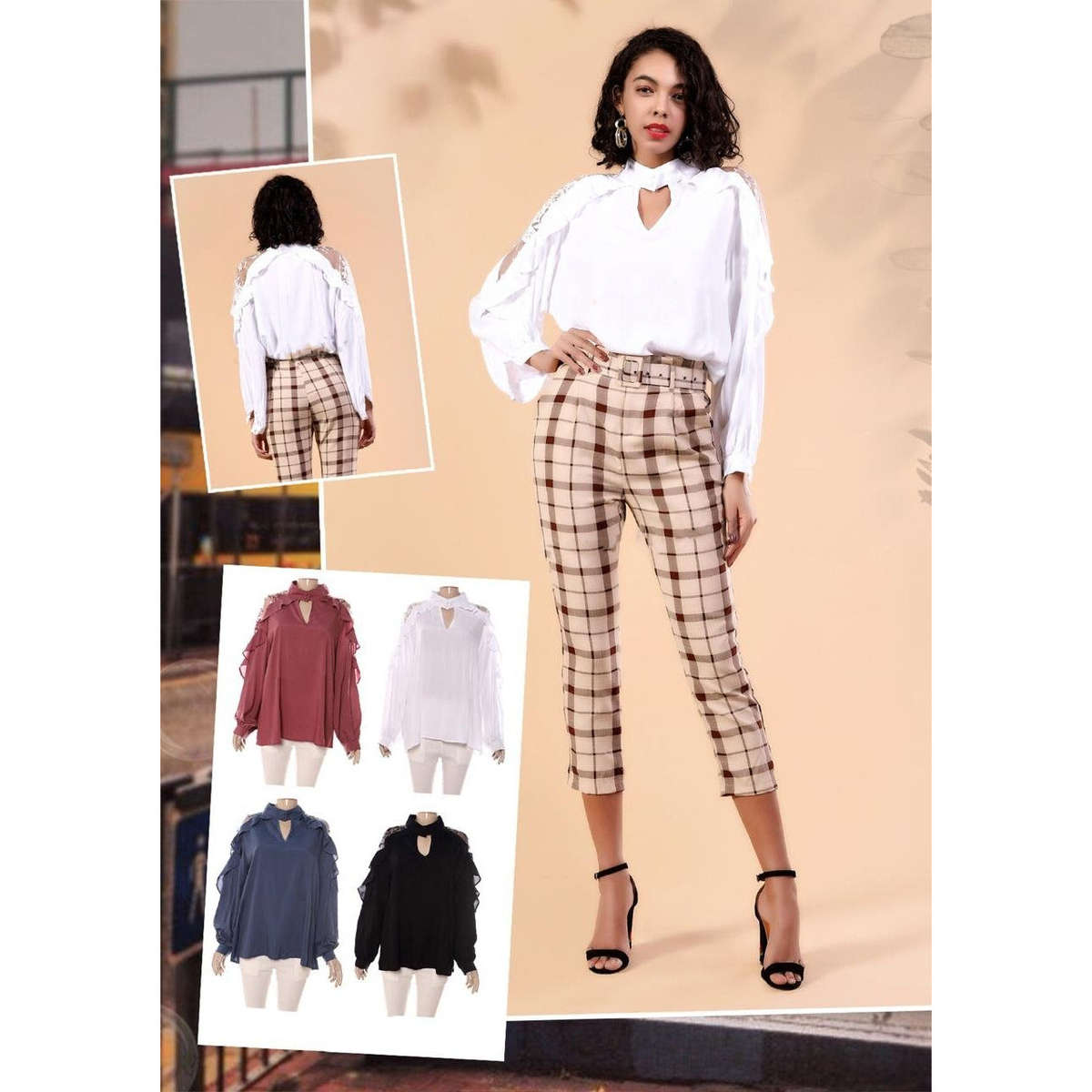 Ruffle Long Sleeve V-Neck Blouse - PINK / M