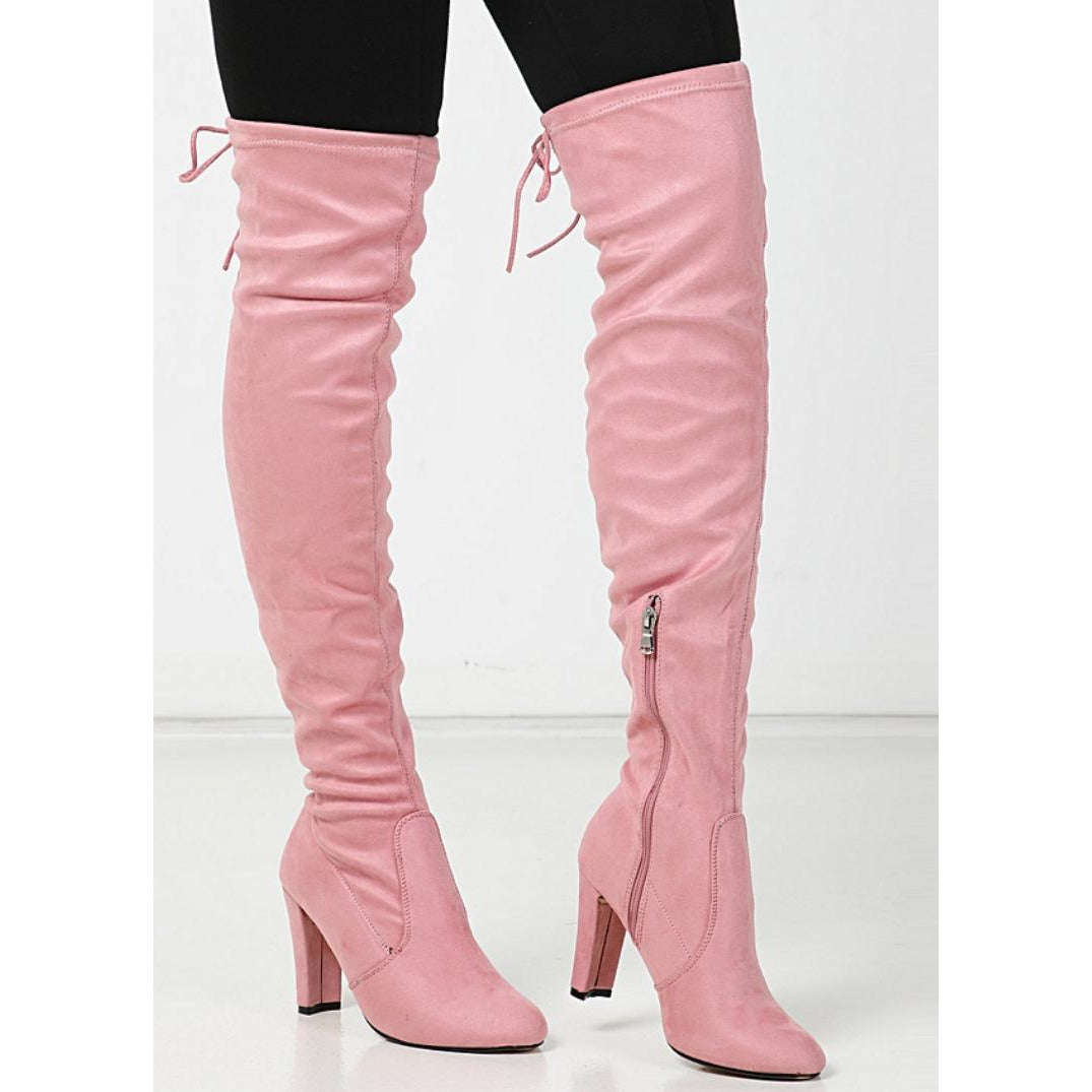 Suede Thigh High Sock Chunky Boots - BLACK / 8