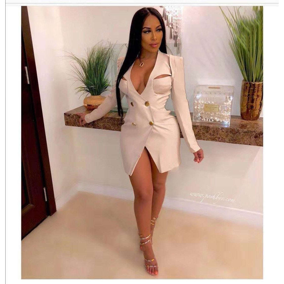 Double Breasted Long Blazer - WHITE / M