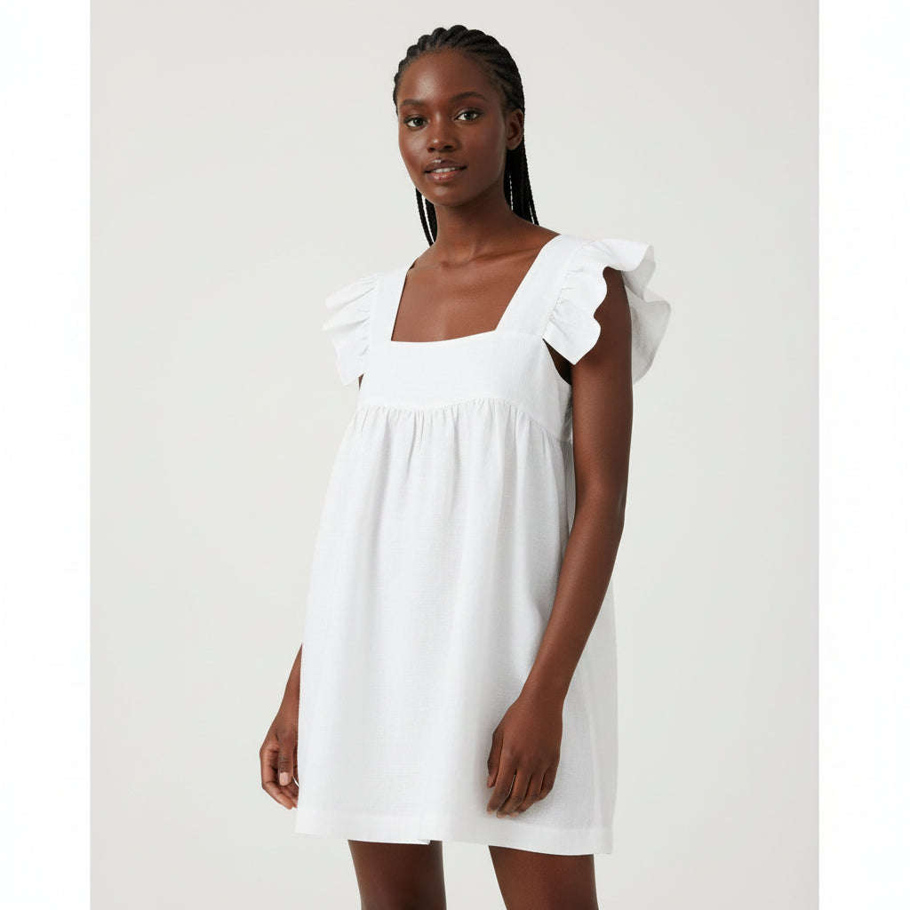 Butterfly Sleeve Square Neck Mini Dress - YELLOW / S