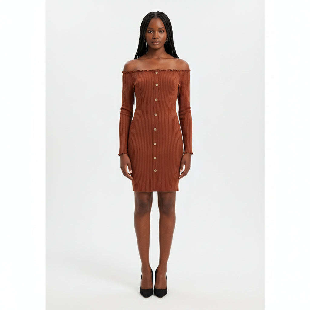 Off Shoulder Sweater Dress - BAIGE / L