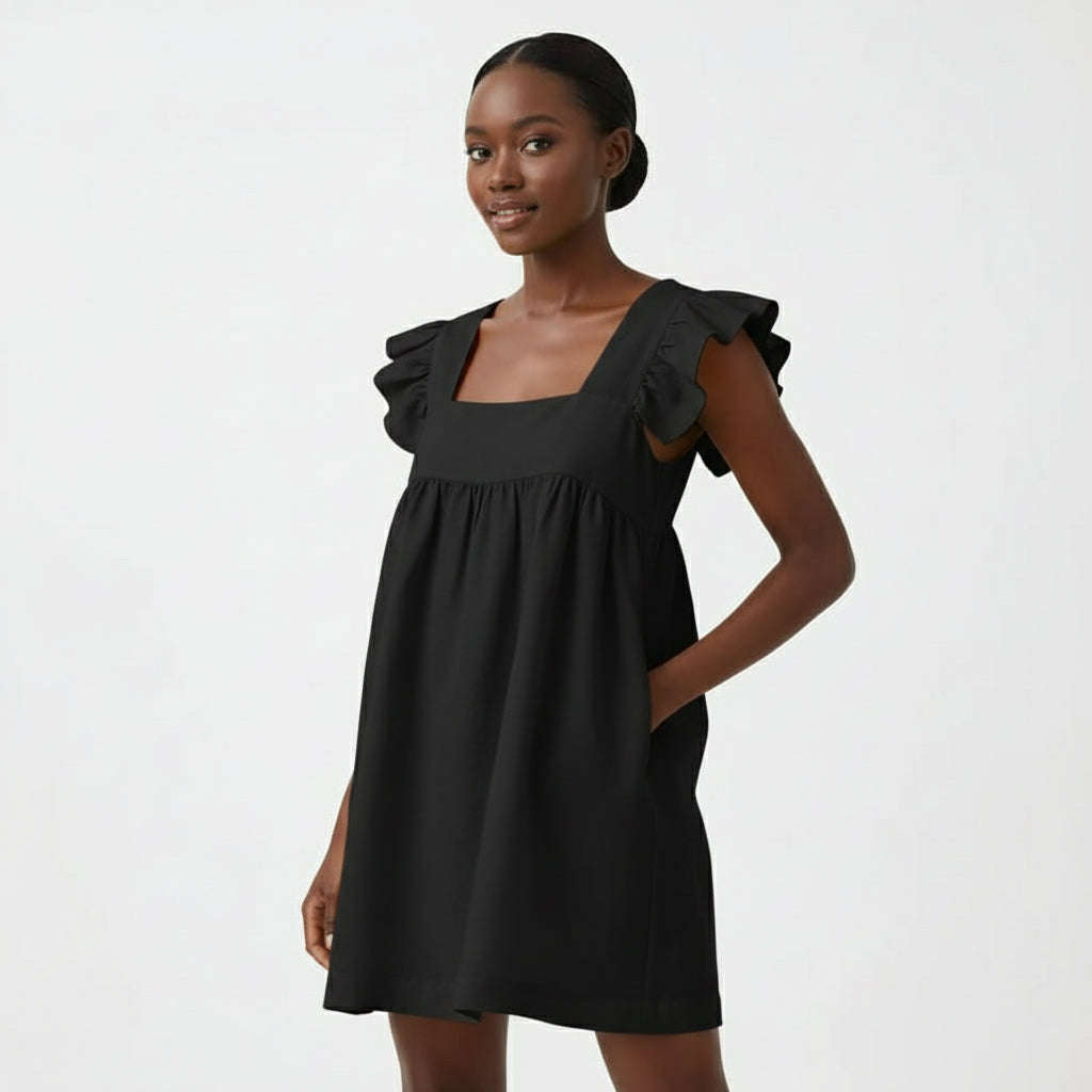 Butterfly Sleeve Square Neck Mini Dress - YELLOW / S