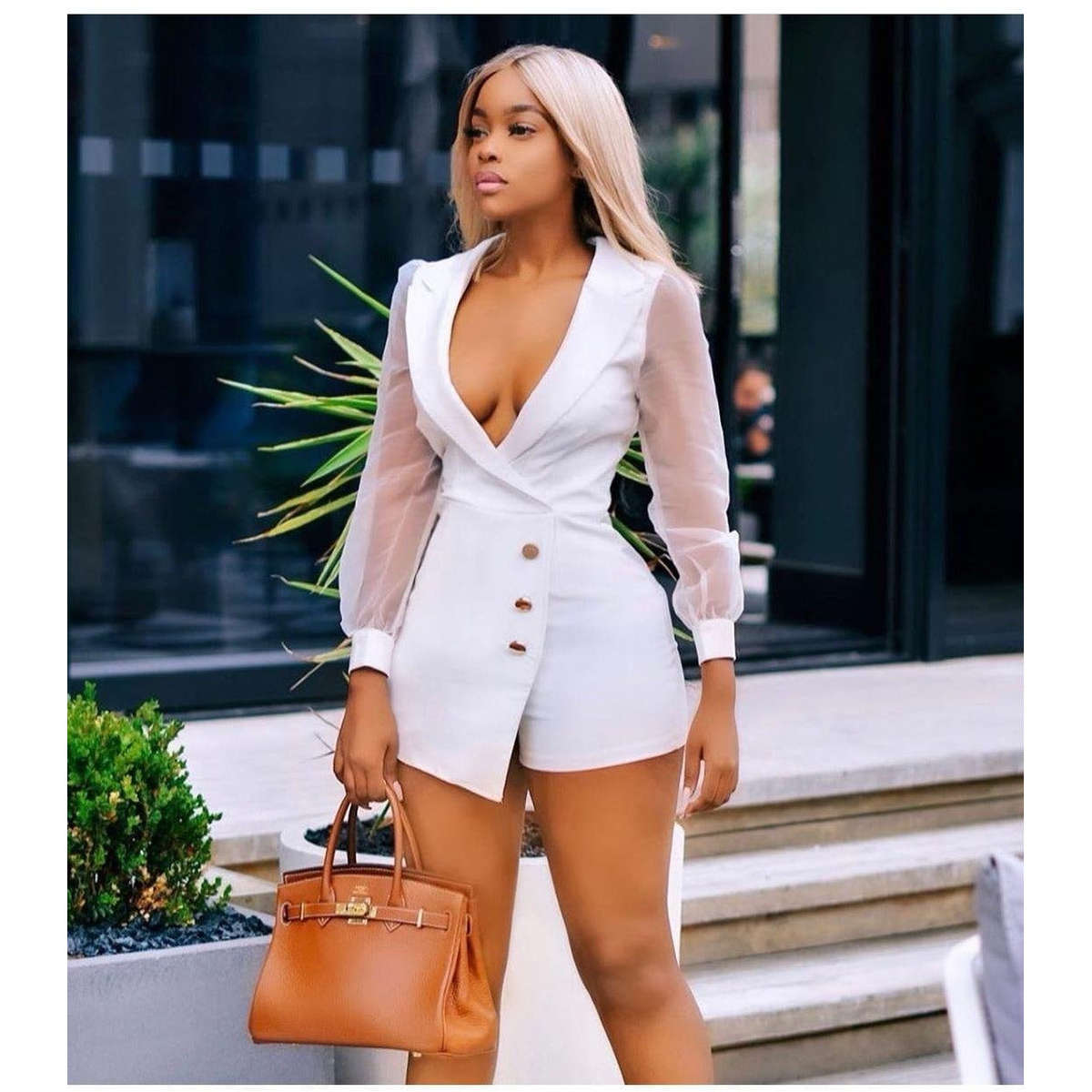 Deep V-Neck Lace Sleeve Playsuits - YELLOW / M