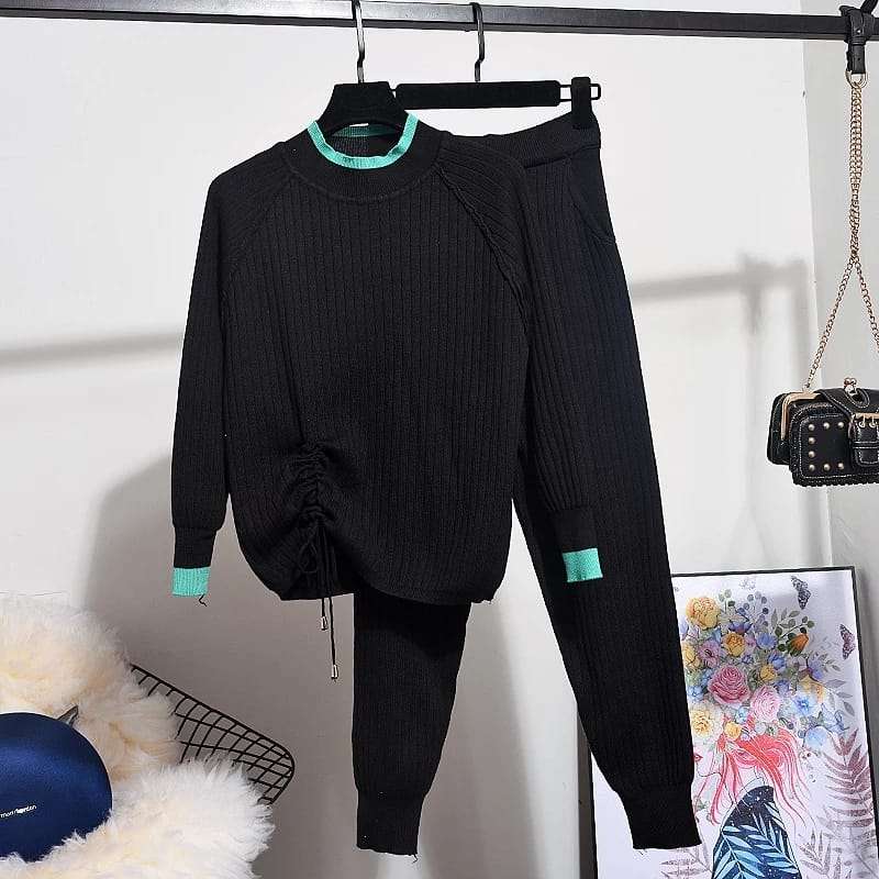 knit Sweater Tops + Pants Knitted Sets - BLACK / XXL