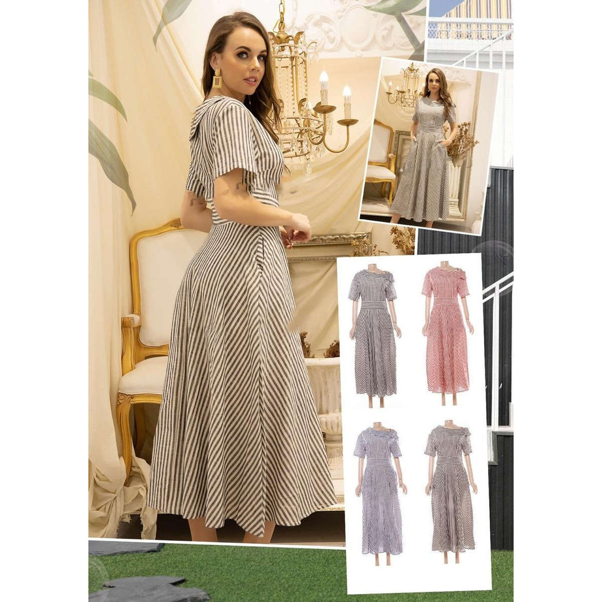 Striped Long Maxi Dress - RED / XL