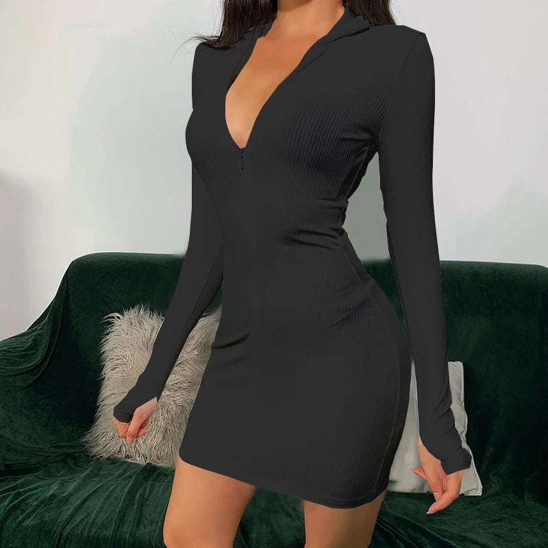 zipper bodycon sexy mini dress - BLACK / XL