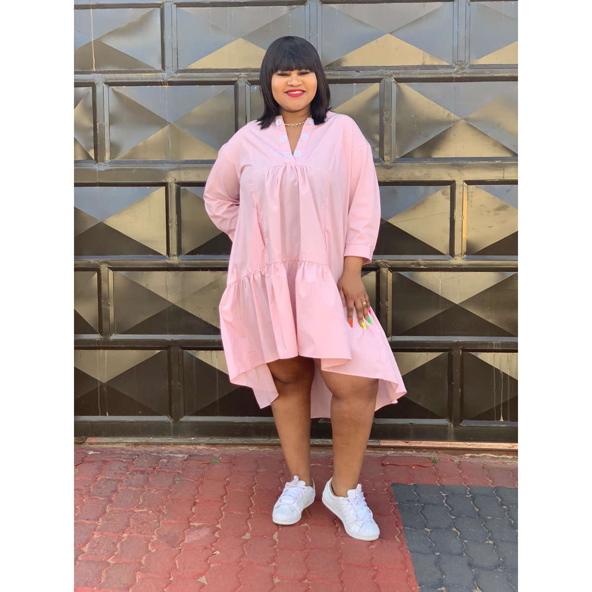 V-Neck Butoon Bubble Dress - BLACK / 48