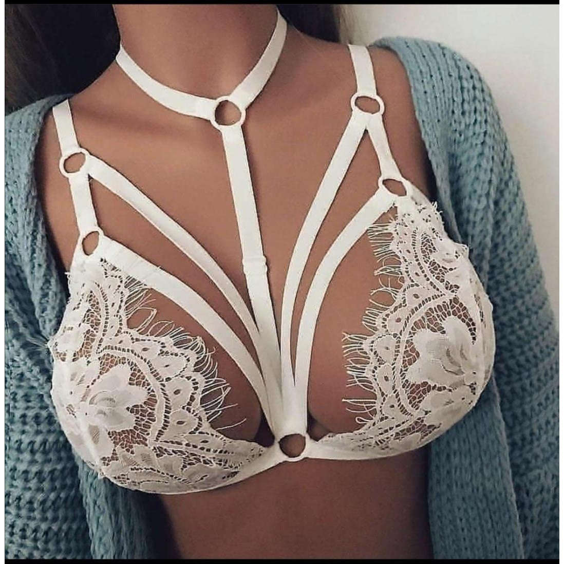 Lace Floral Hollow Bra - WHITE / XL