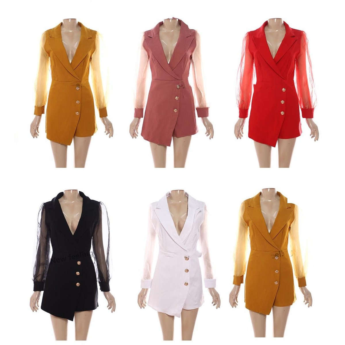 Deep V-Neck Lace Sleeve Playsuits - YELLOW / M