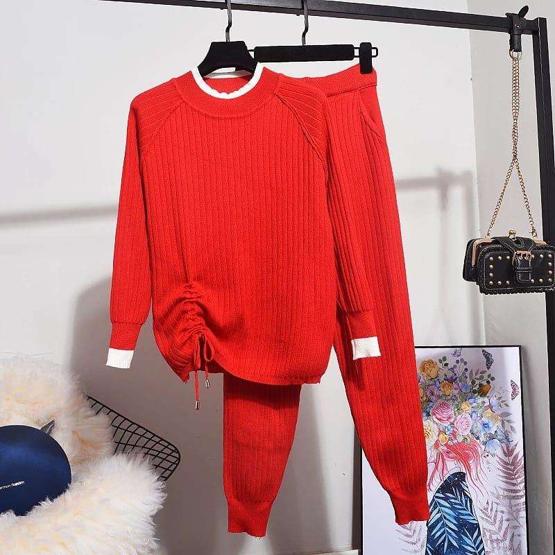 knit Sweater Tops + Pants Knitted Sets - RED / XXL
