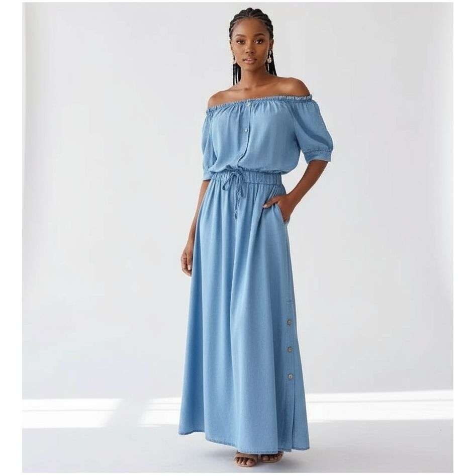 Off Shoulder Button Detailed Denim Dress - 40