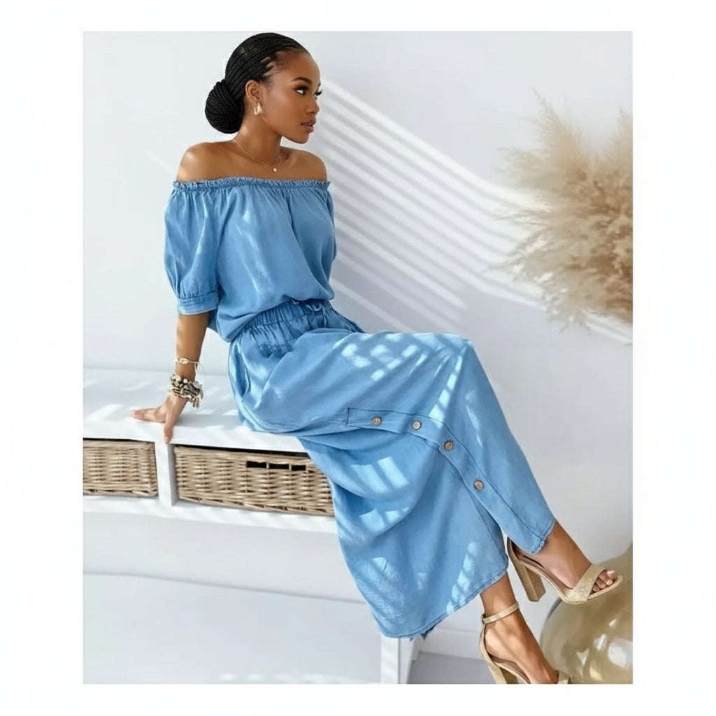 Off Shoulder Button Detailed Denim Dress - 40
