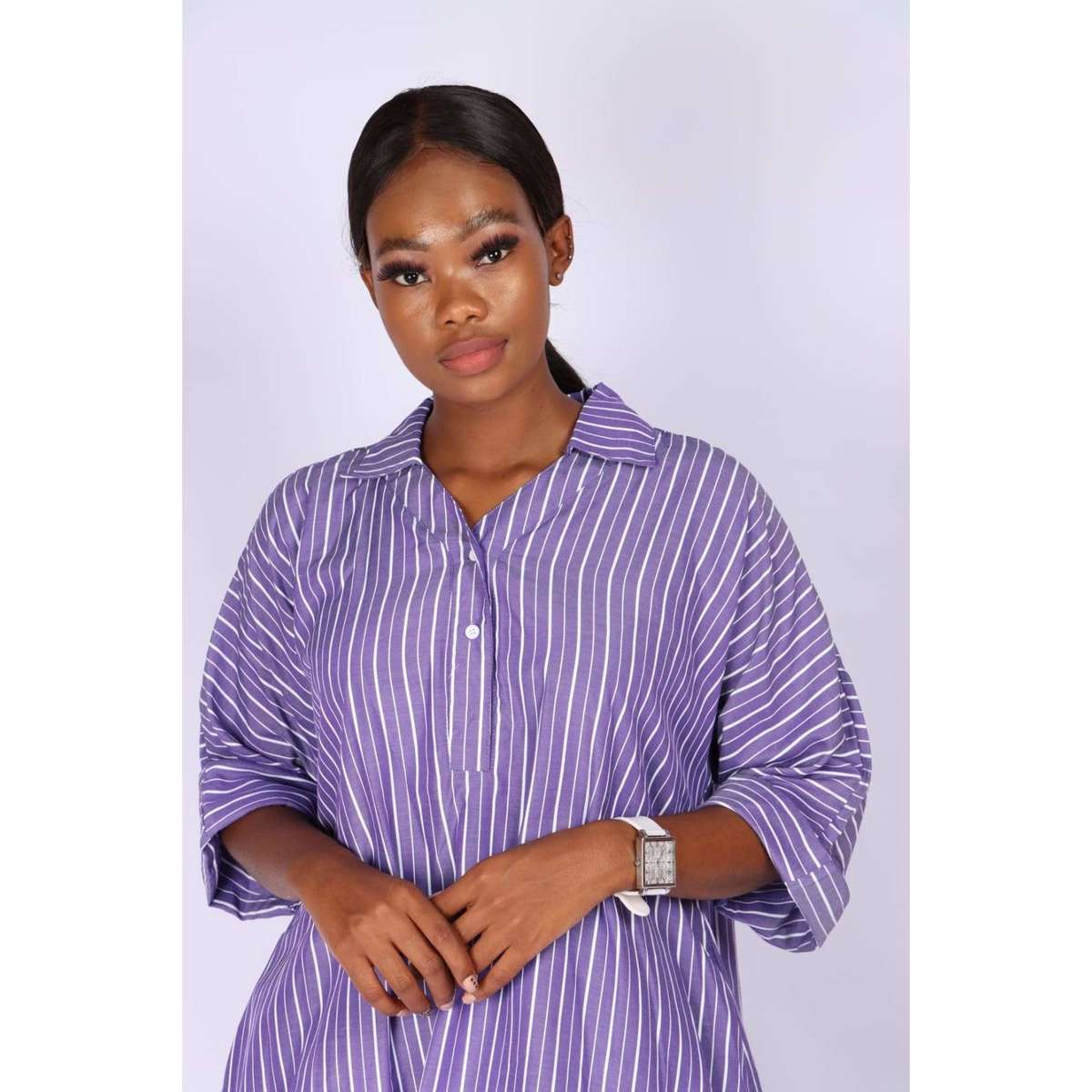 V-Neck Striped Bubble Shirt Dress - YELLOW / L