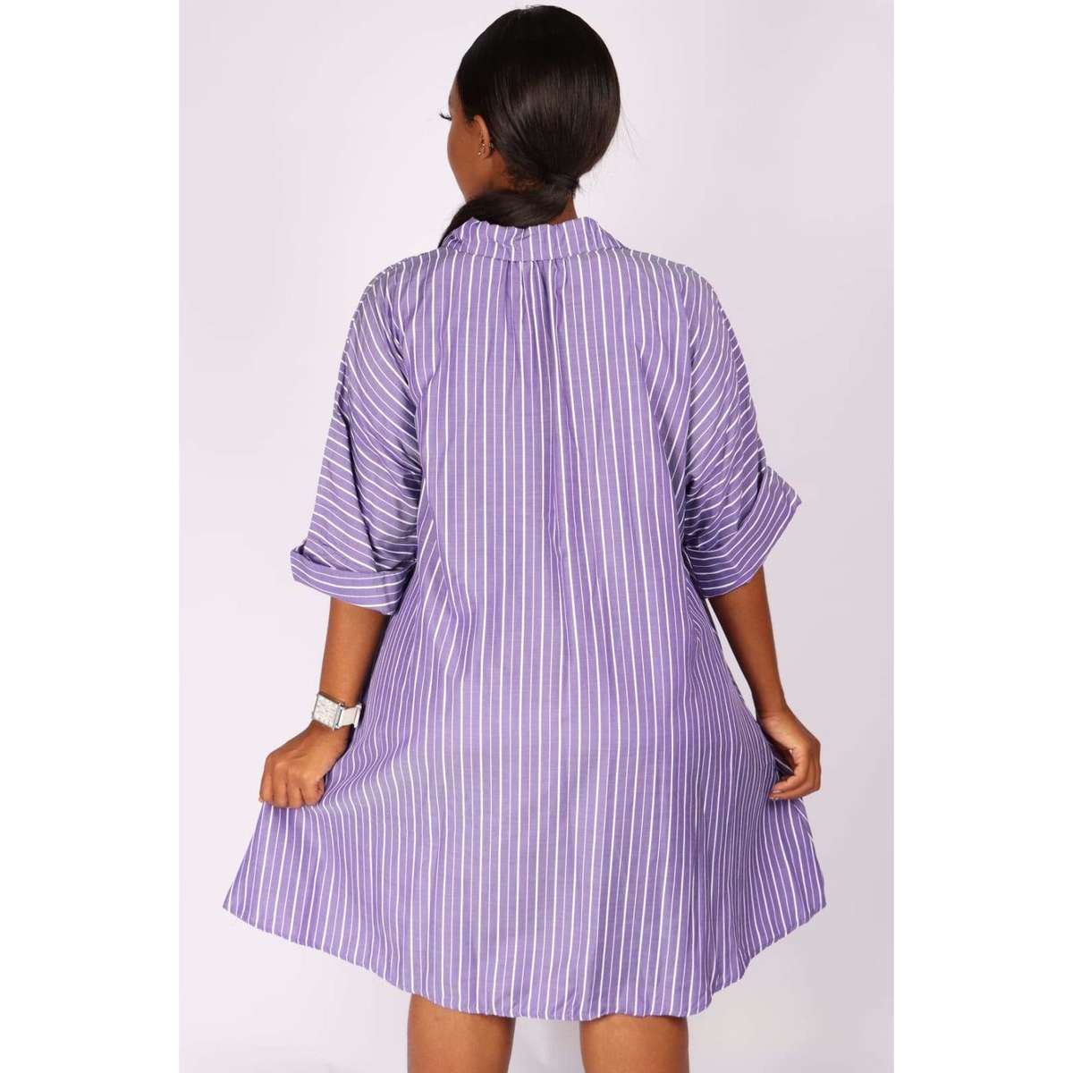 V-Neck Striped Bubble Shirt Dress - YELLOW / L