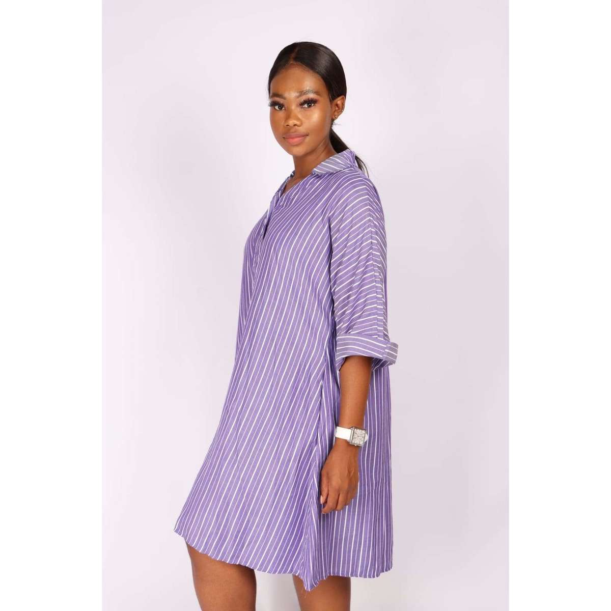 V-Neck Striped Bubble Shirt Dress - YELLOW / L