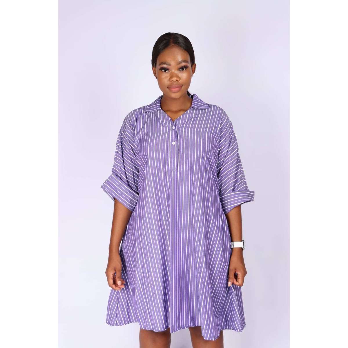 V-Neck Striped Bubble Shirt Dress - YELLOW / L