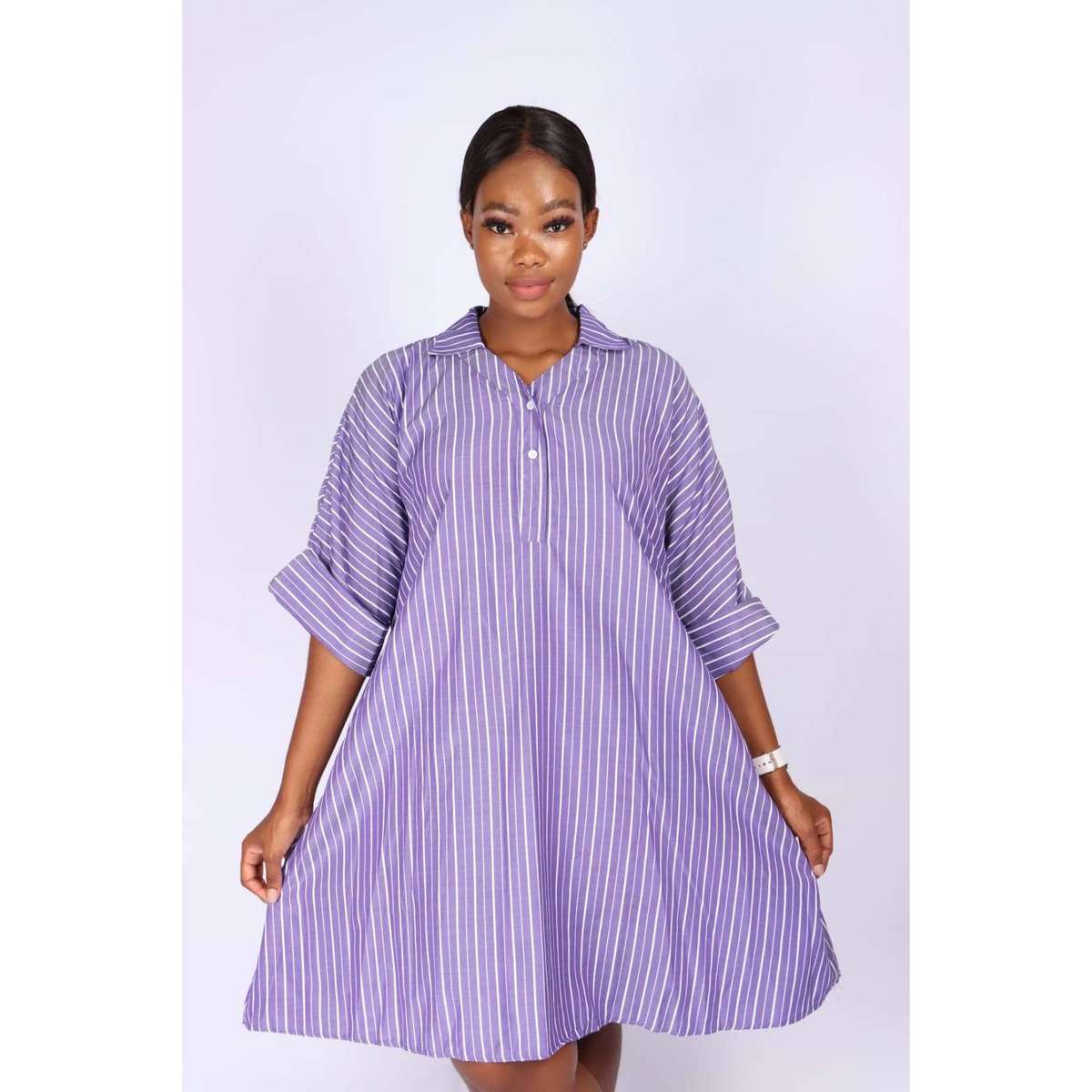 V-Neck Striped Bubble Shirt Dress - YELLOW / L