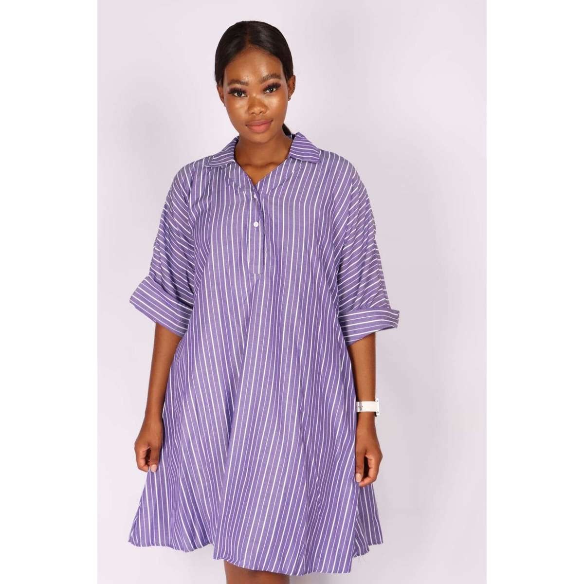 V-Neck Striped Bubble Shirt Dress - YELLOW / L