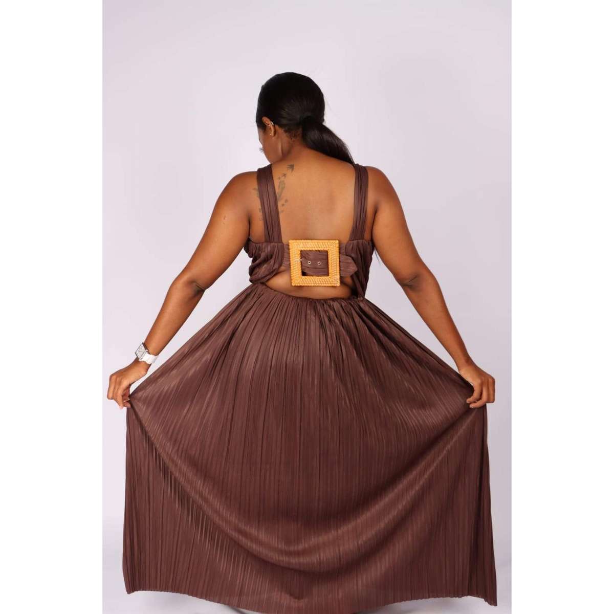 Deep V-Neck Pleated Maxi dress - WHITE / 32