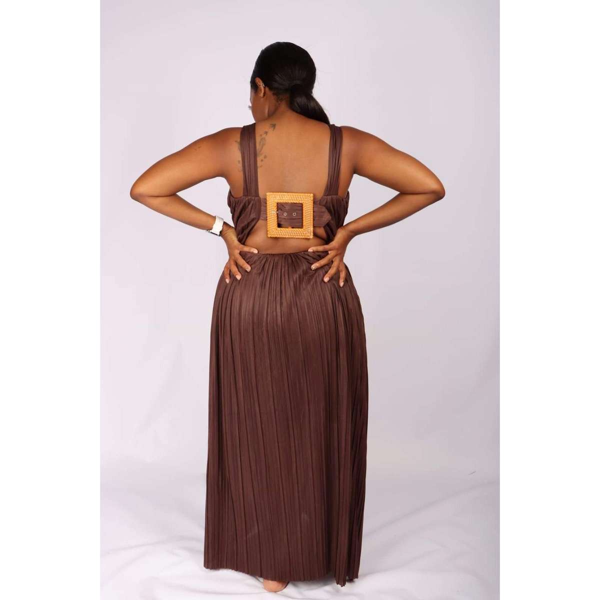 Deep V-Neck Pleated Maxi dress - WHITE / 32