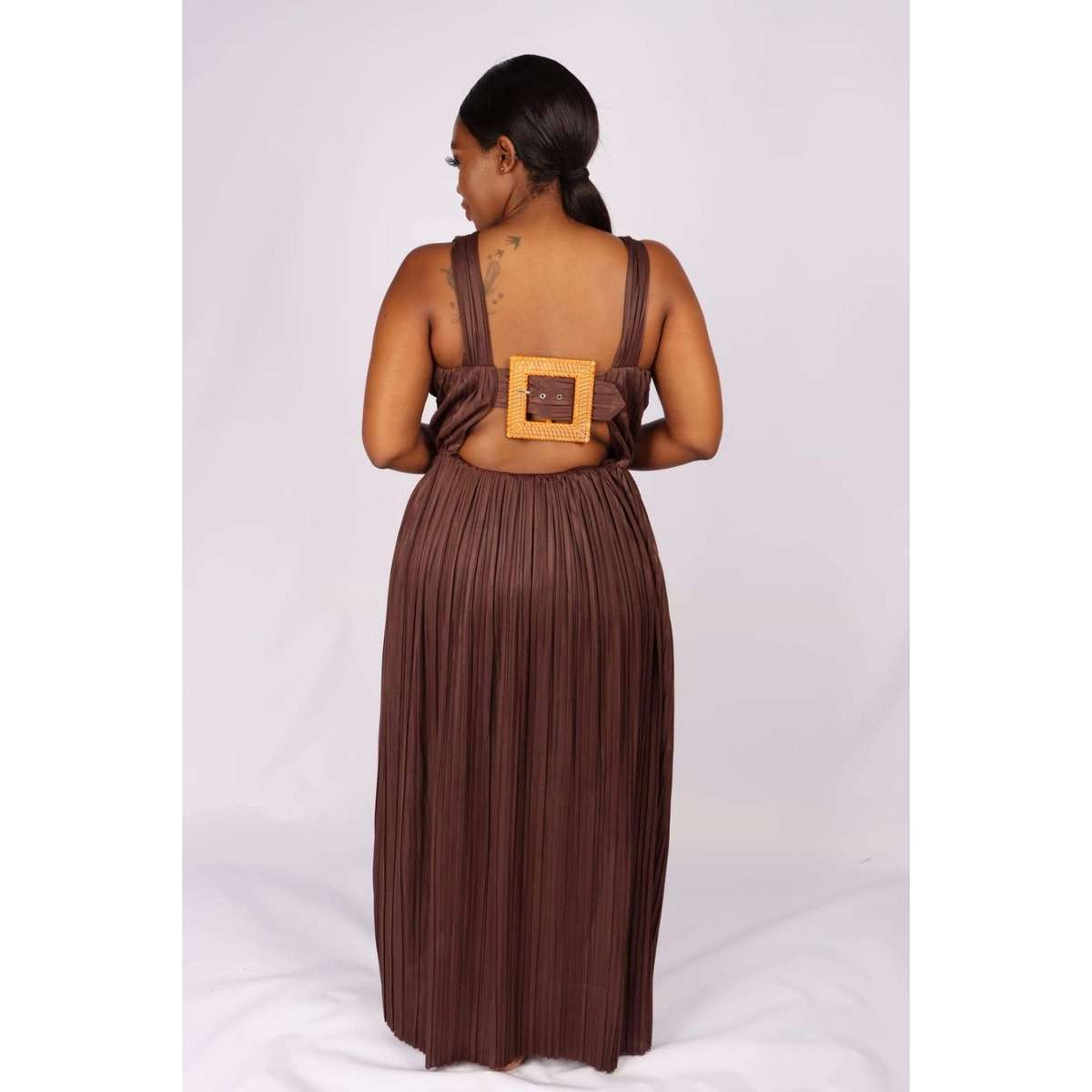 Deep V-Neck Pleated Maxi dress - WHITE / 32