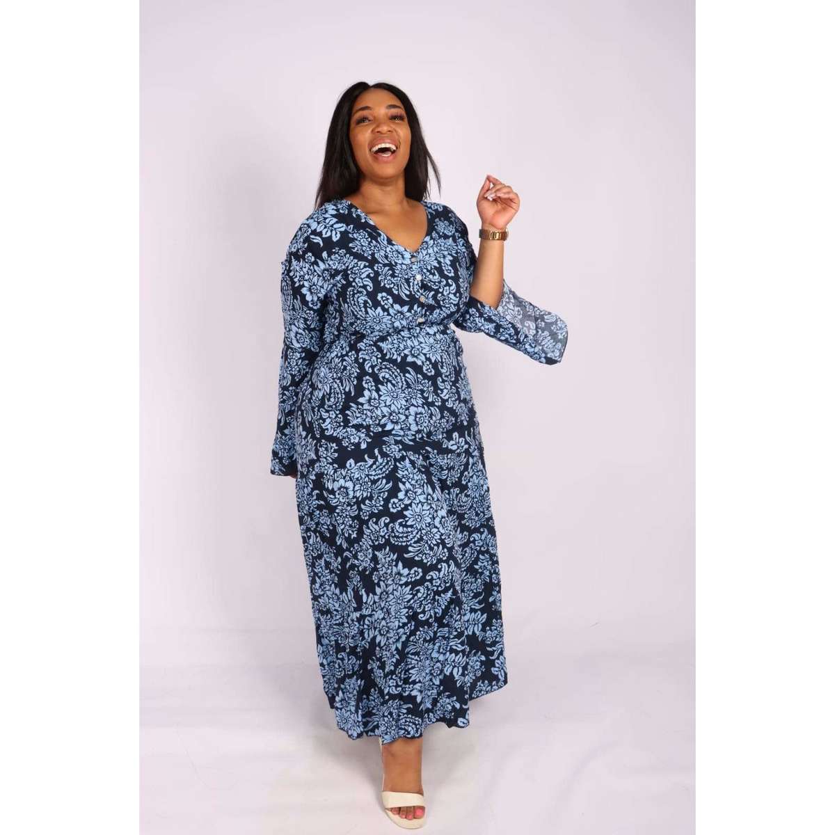 V-Neck Long sleeve Maxi Dress - BLUE / L