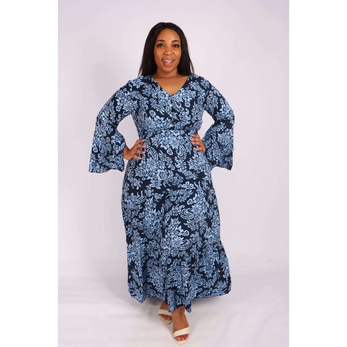 V-Neck Long sleeve Maxi Dress - BLUE / L