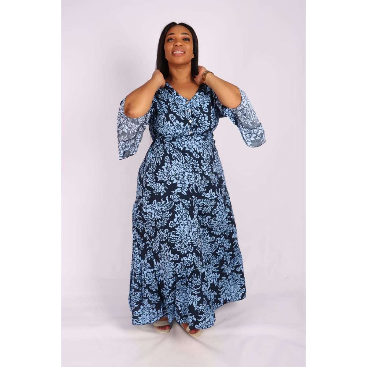 V-Neck Long sleeve Maxi Dress - BLUE / L