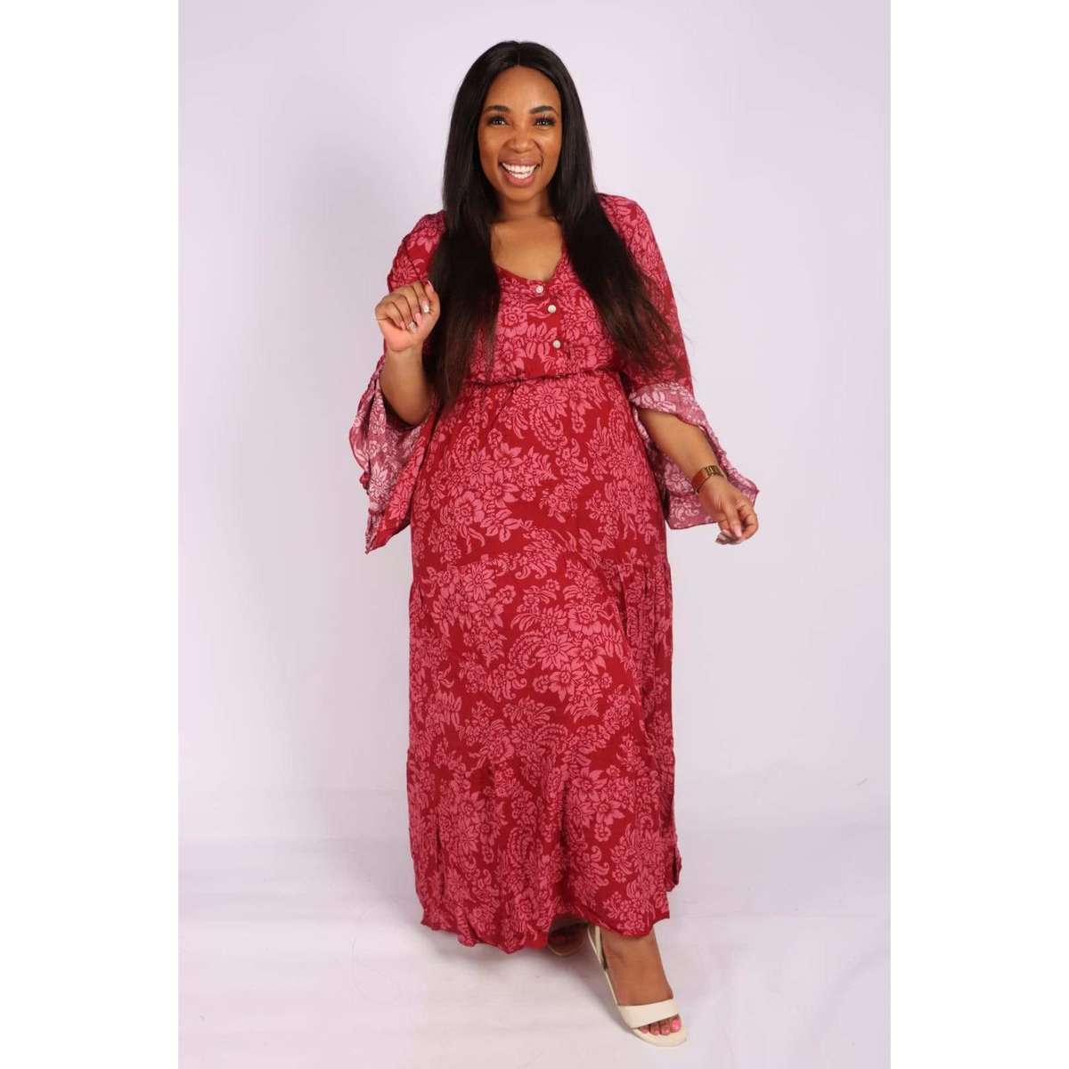 V-Neck Long sleeve Maxi Dress - BLUE / L