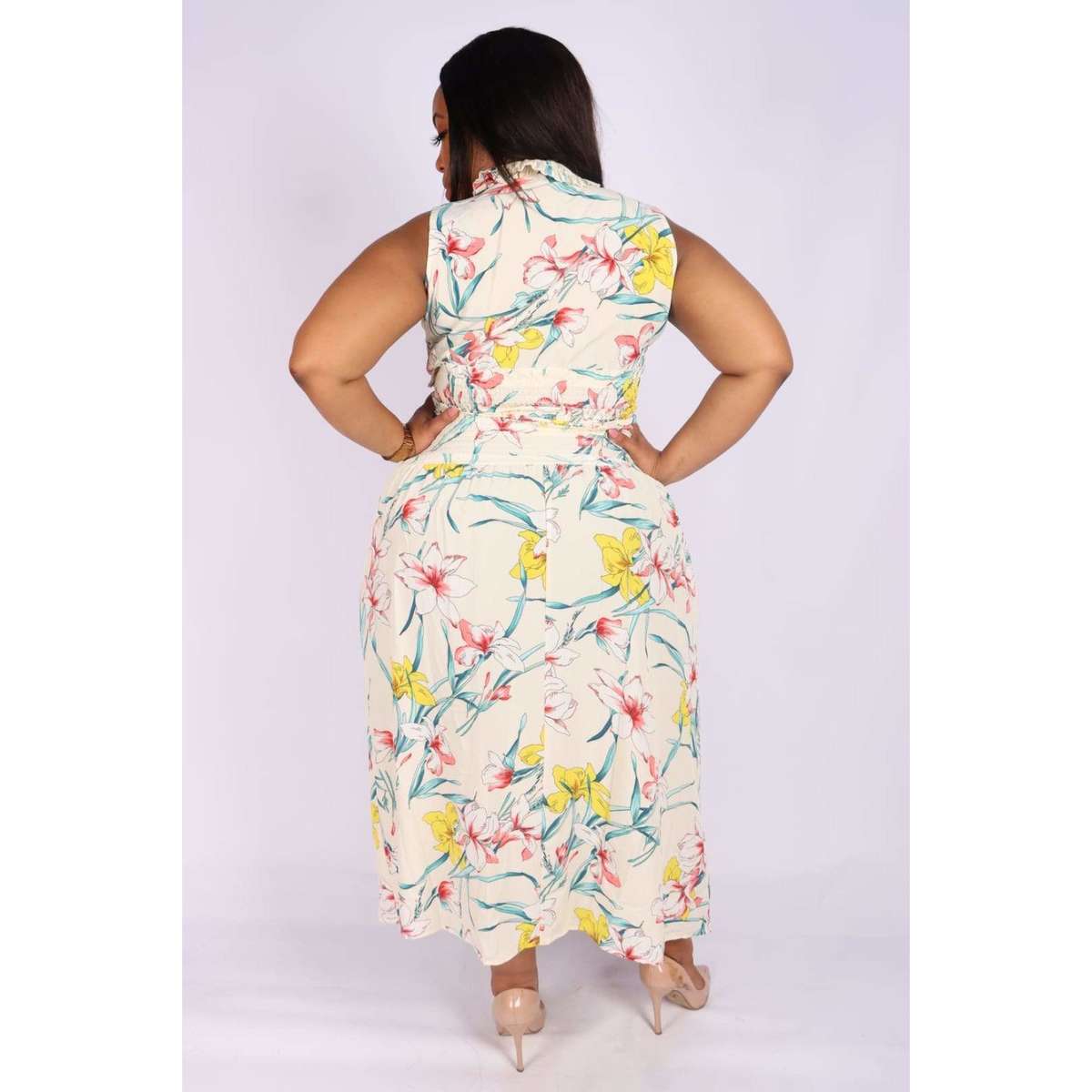 Sleeveless Floral Maxi Dress - WHITE / S/M