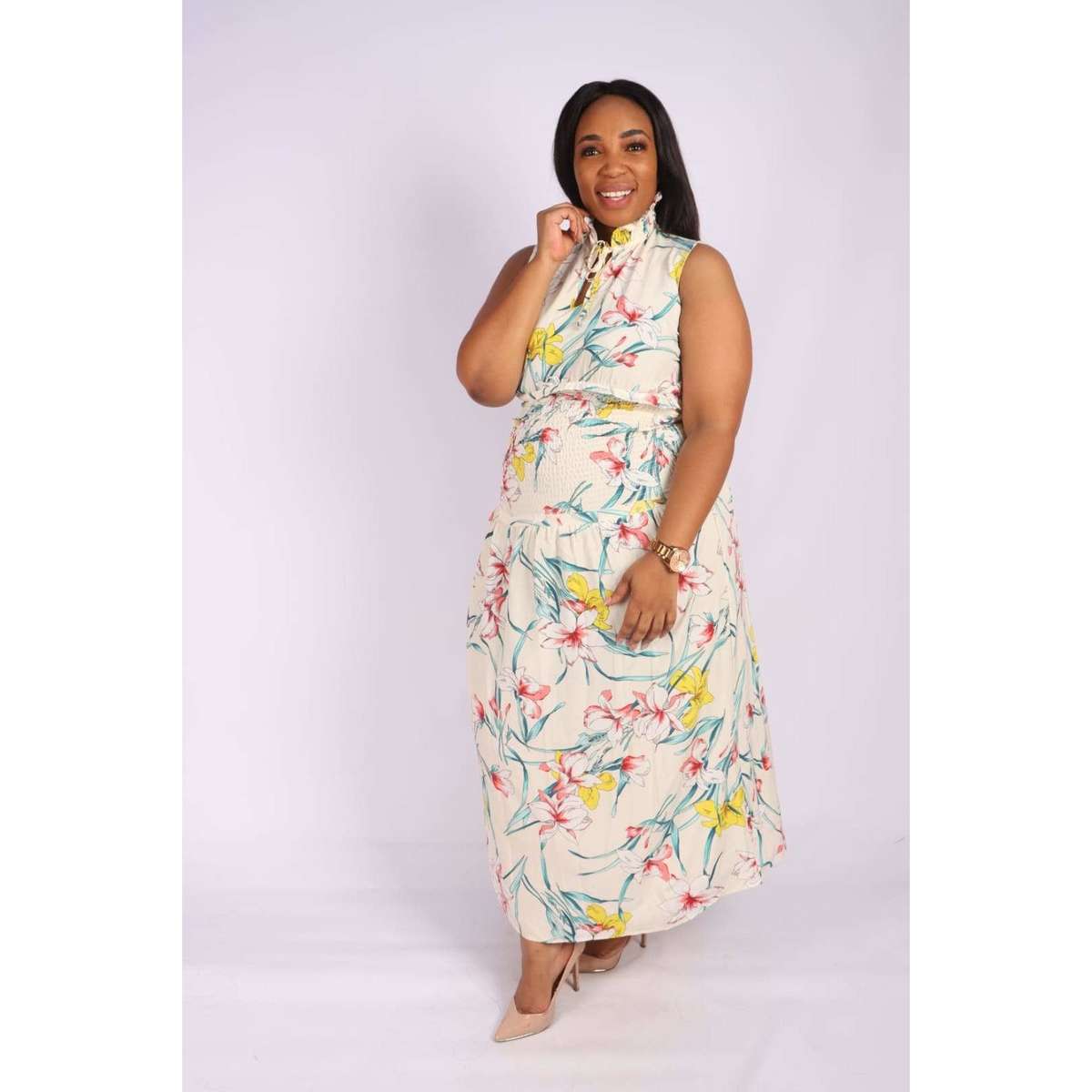 Sleeveless Floral Maxi Dress - WHITE / S/M