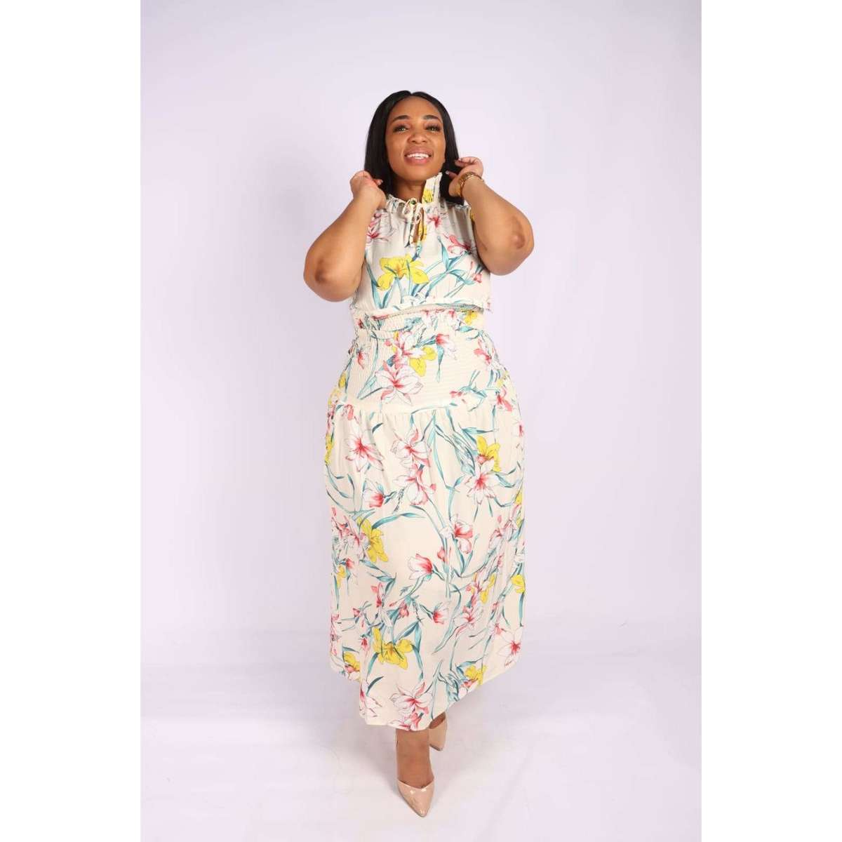 Sleeveless Floral Maxi Dress - WHITE / S/M