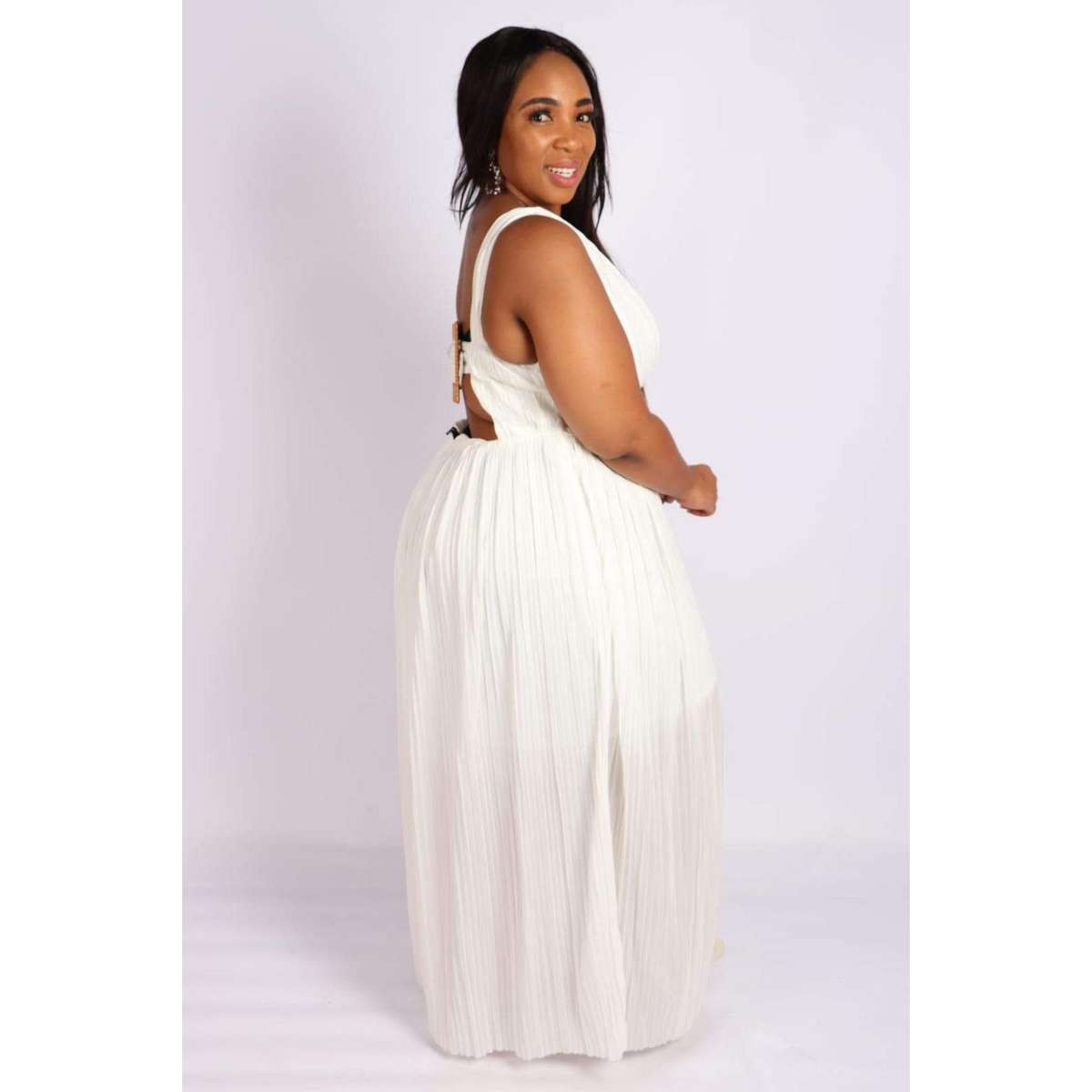 Deep V-Neck Pleated Maxi dress - WHITE / 32