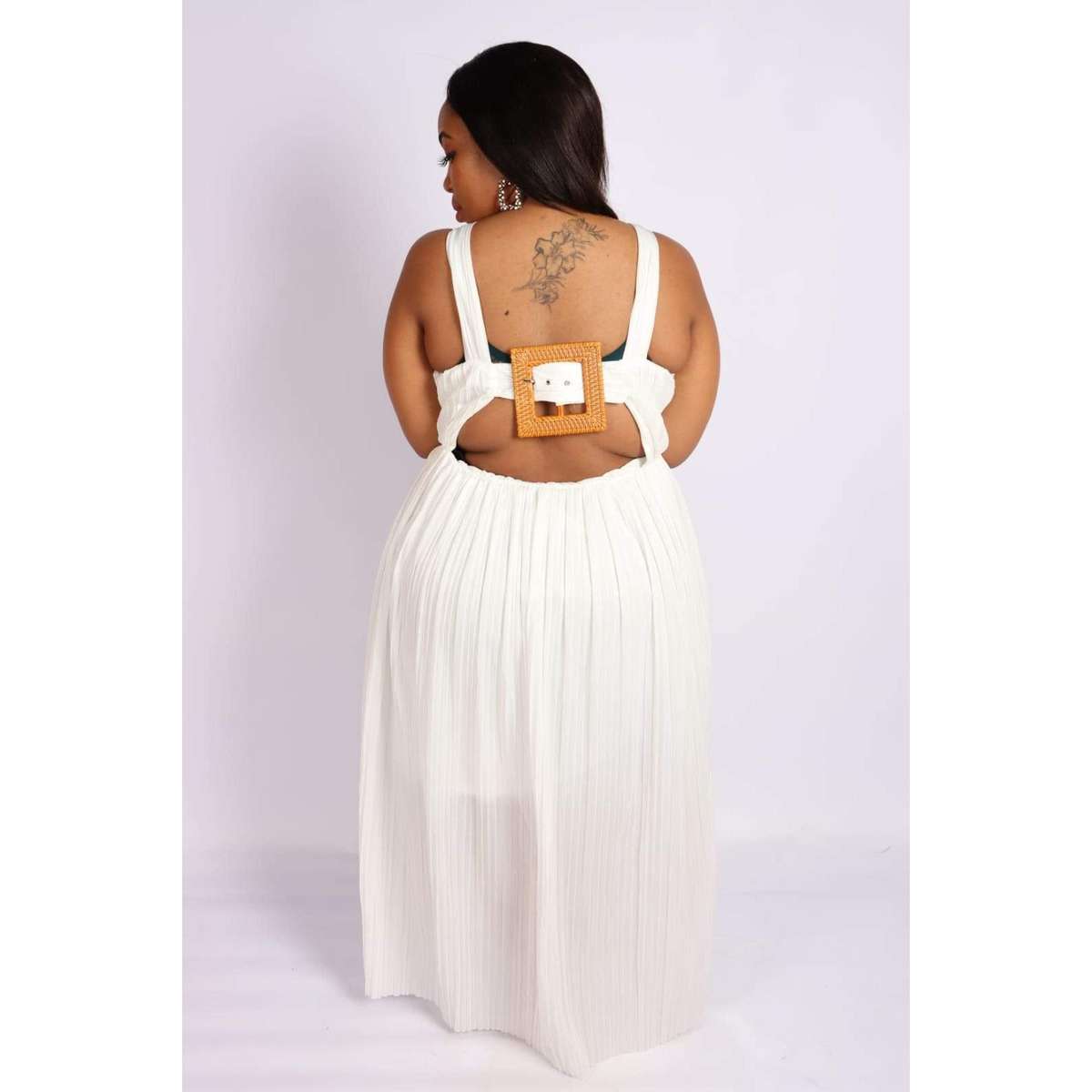 Deep V-Neck Pleated Maxi dress - WHITE / 32