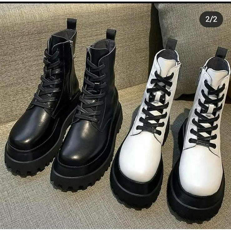 Platform Leather Ankle Boots - BLACK / 4