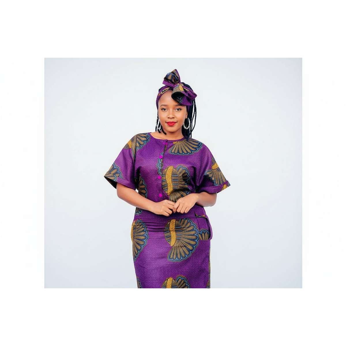 Button Detailed Midi Ankara Dress - M