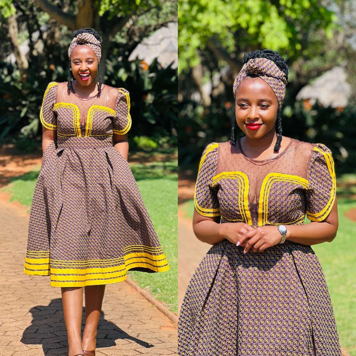 Round Neck Short Sleeve Ankara Dress - BROWN / XXL